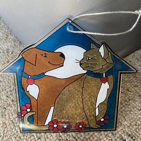 Stain Glass Plastic Cat Dog House 5 inch Christmas Window Ornament Brown Blue - Picture 1 of 4